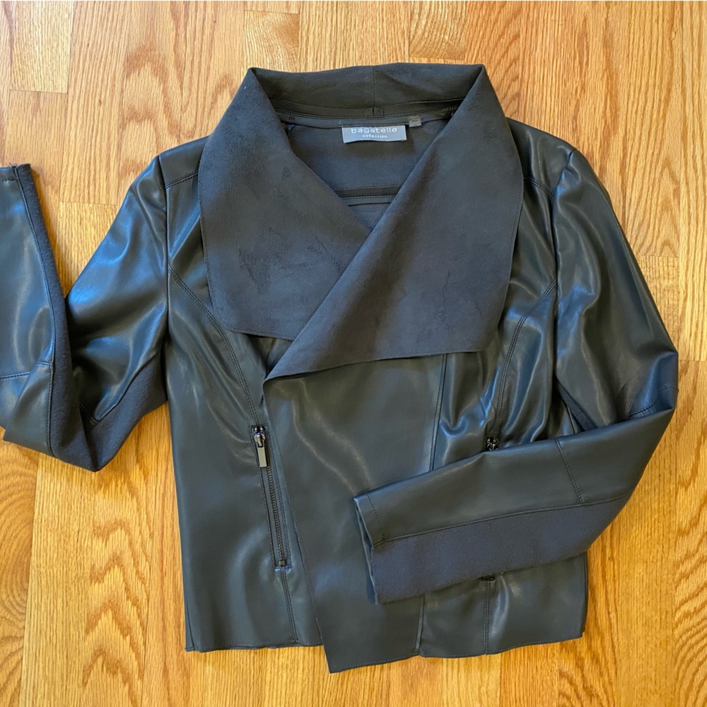 BAGATELLE charcoal Vegan Leather Open Front Draped Jacket (S)